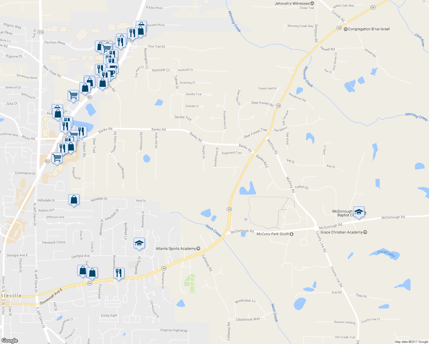 map of restaurants, bars, coffee shops, grocery stores, and more near 160 Smokemont Drive in Fayetteville