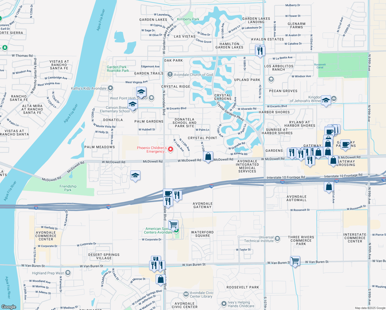 map of restaurants, bars, coffee shops, grocery stores, and more near 11245 West Almeria Road in Avondale