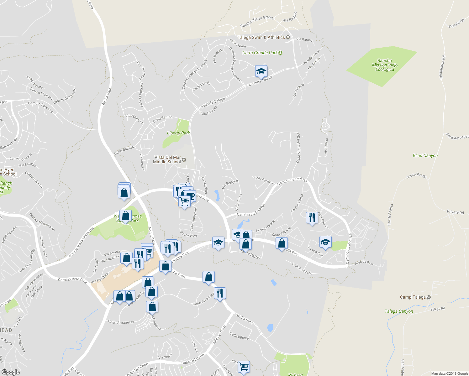 map of restaurants, bars, coffee shops, grocery stores, and more near 113 Via Plumosa in San Clemente