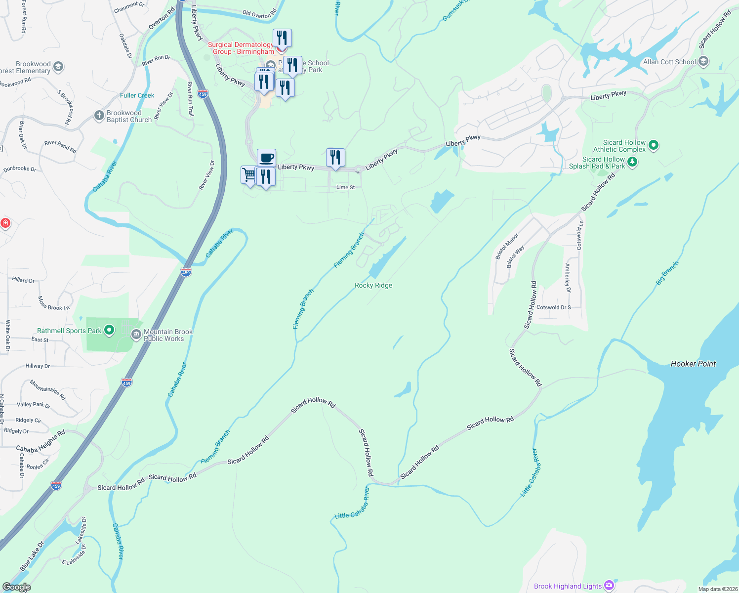 map of restaurants, bars, coffee shops, grocery stores, and more near 4246 Sicard Hollow Road in Vestavia Hills