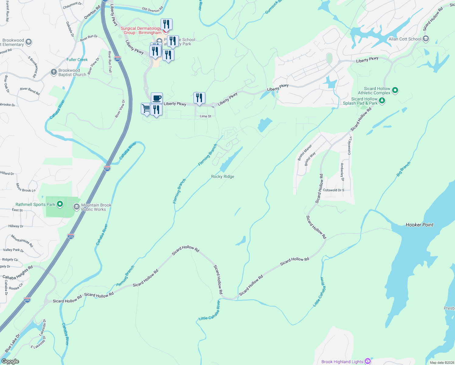 map of restaurants, bars, coffee shops, grocery stores, and more near 4246 Sicard Hollow Road in Vestavia Hills