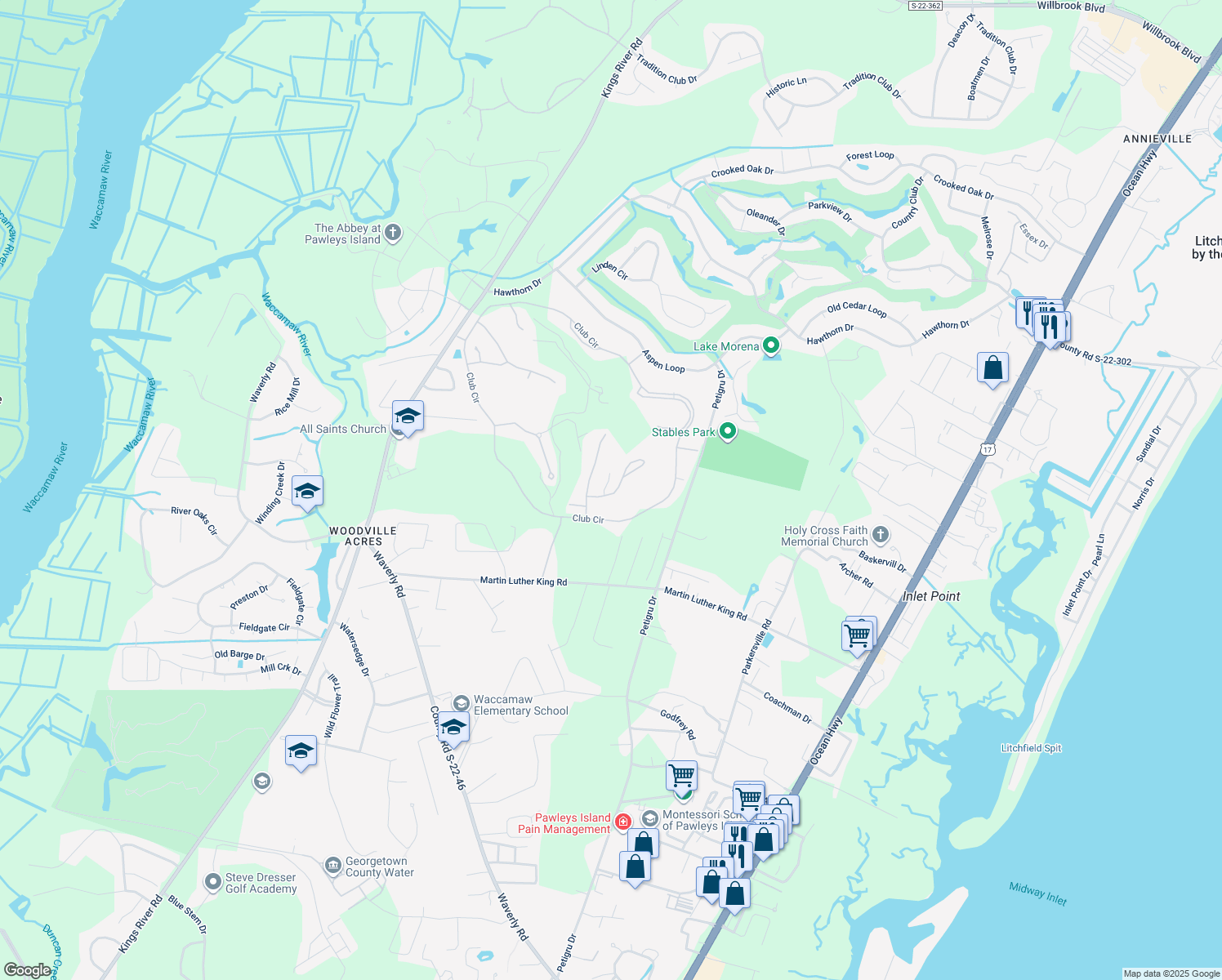 map of restaurants, bars, coffee shops, grocery stores, and more near 79 Mackinley Circle in Pawleys Island