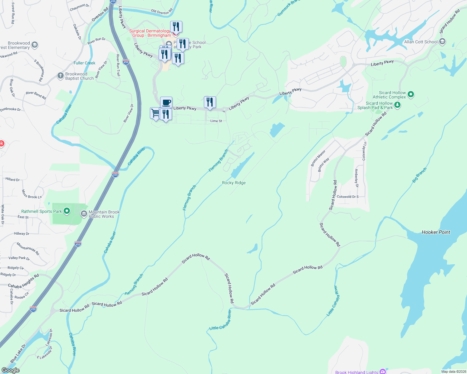 map of restaurants, bars, coffee shops, grocery stores, and more near 4246 Sicard Hollow Road in Vestavia Hills