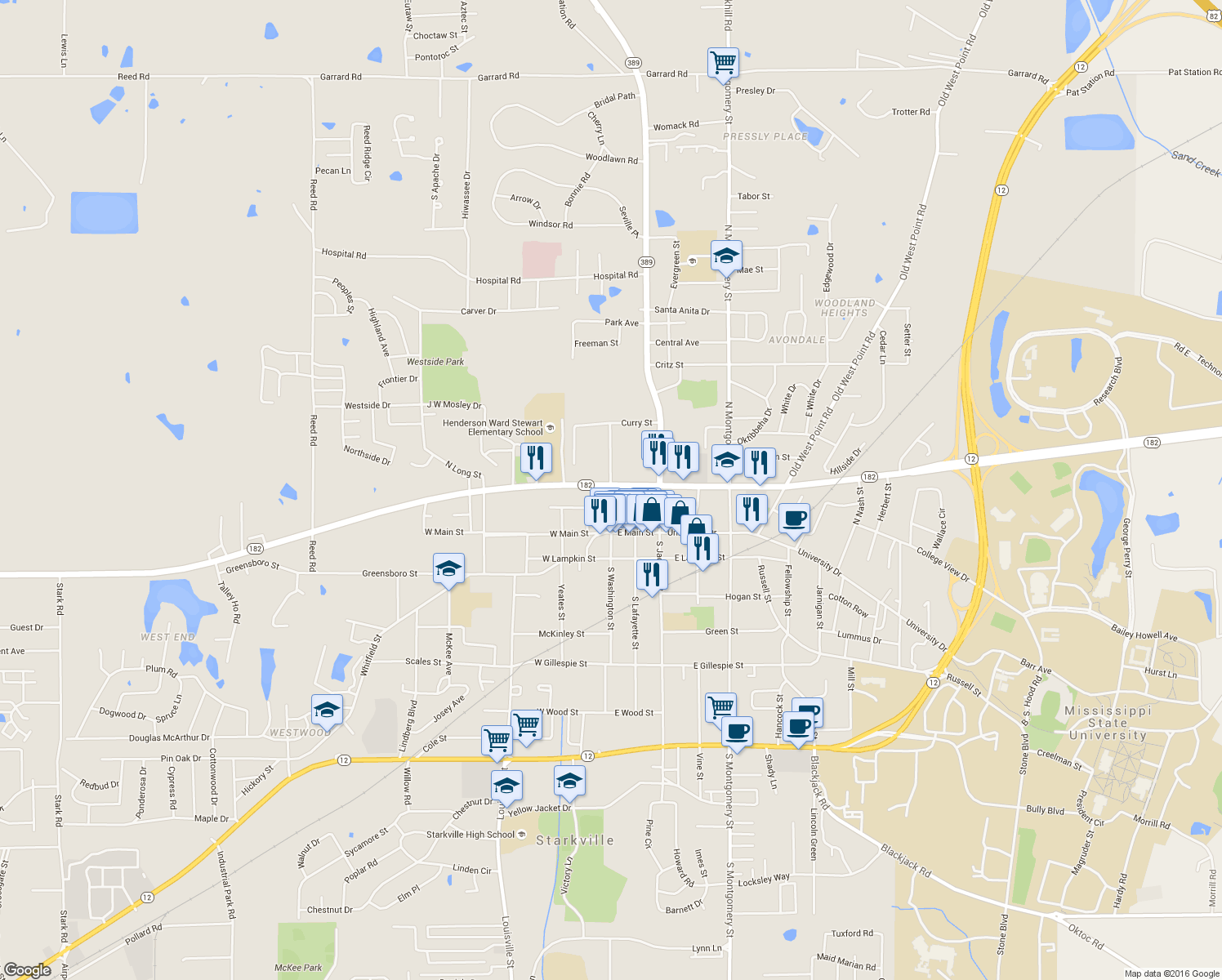 map of restaurants, bars, coffee shops, grocery stores, and more near 434 North Washington Street in Starkville