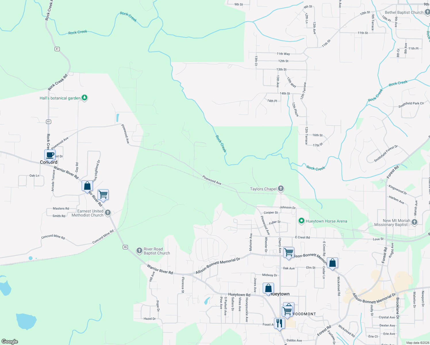 map of restaurants, bars, coffee shops, grocery stores, and more near 108 Ravine Park in Hueytown