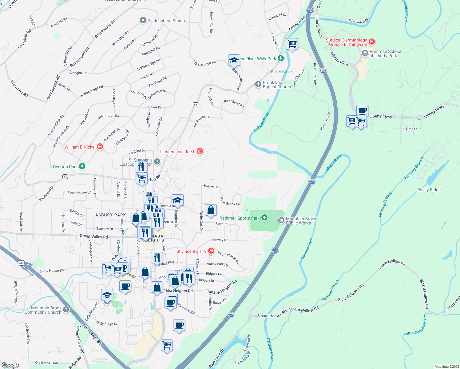 map of restaurants, bars, coffee shops, grocery stores, and more near 3291 Hillard Dr in Vestavia Hills