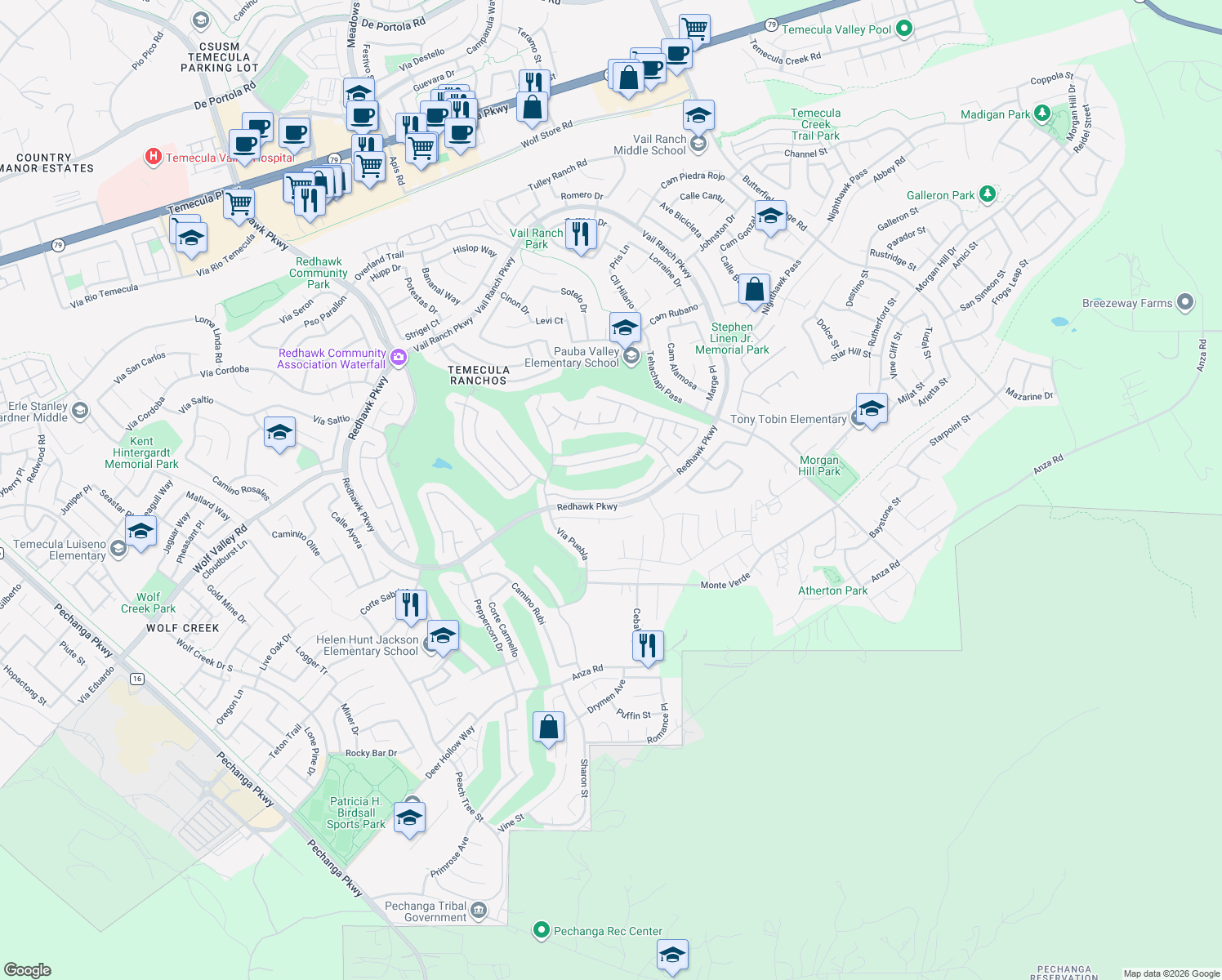 map of restaurants, bars, coffee shops, grocery stores, and more near 33138 Rhine Avenue in Temecula