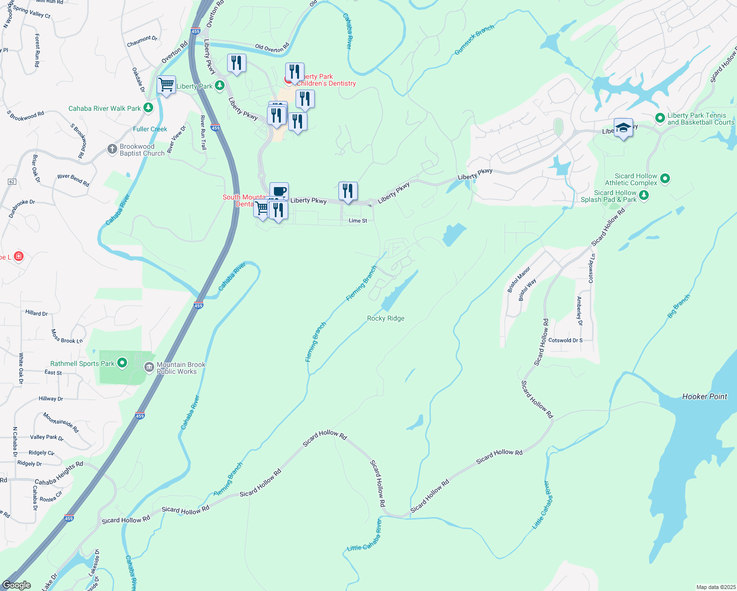 map of restaurants, bars, coffee shops, grocery stores, and more near 612 Liberty Lake Drive in Birmingham