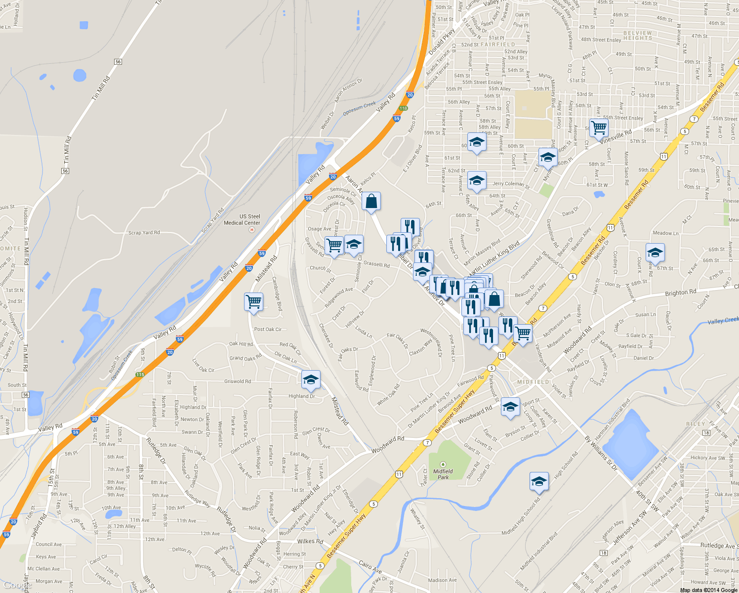 map of restaurants, bars, coffee shops, grocery stores, and more near Hillview Drive in Fairfield