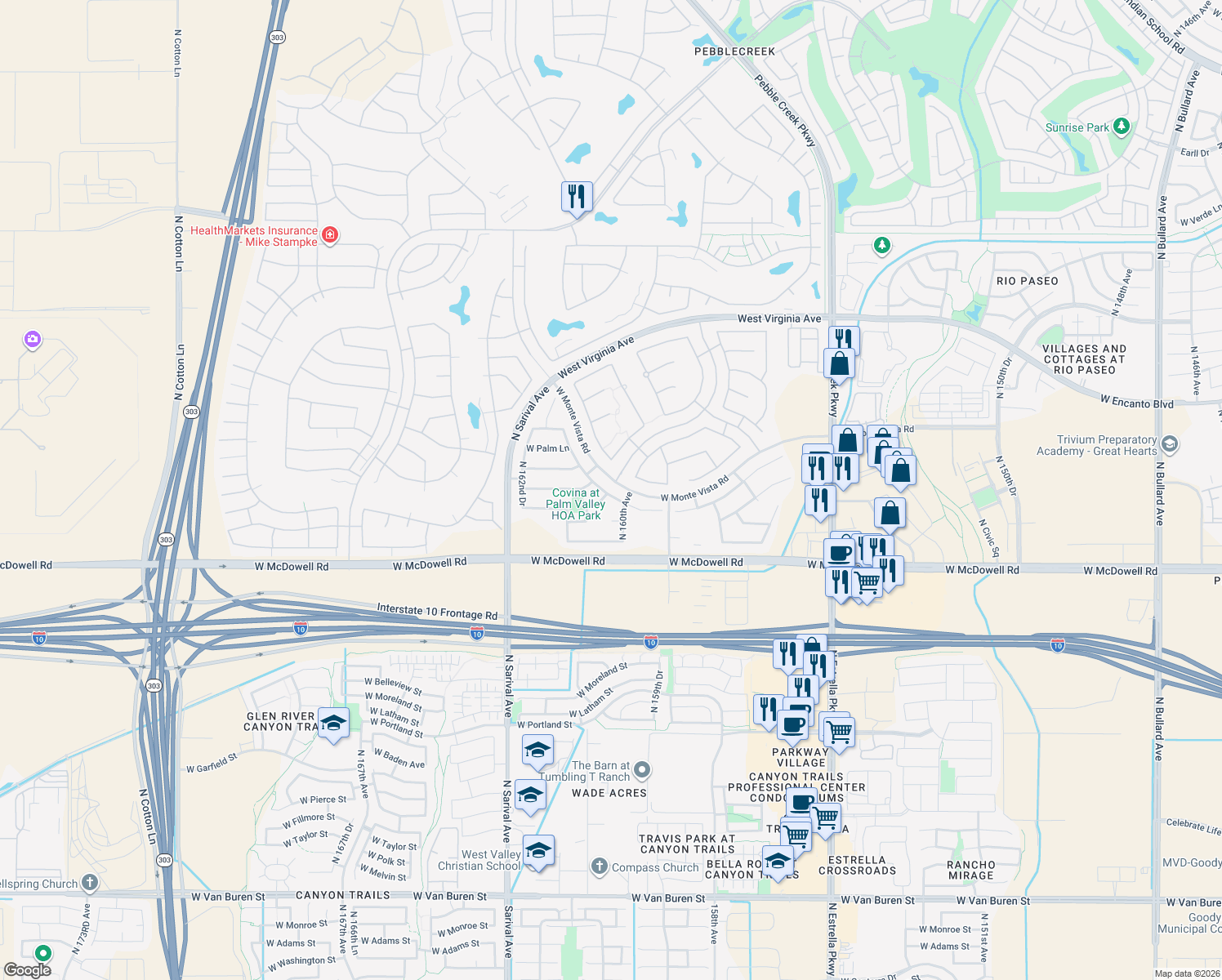 map of restaurants, bars, coffee shops, grocery stores, and more near 16056 West Berkeley Road in Goodyear