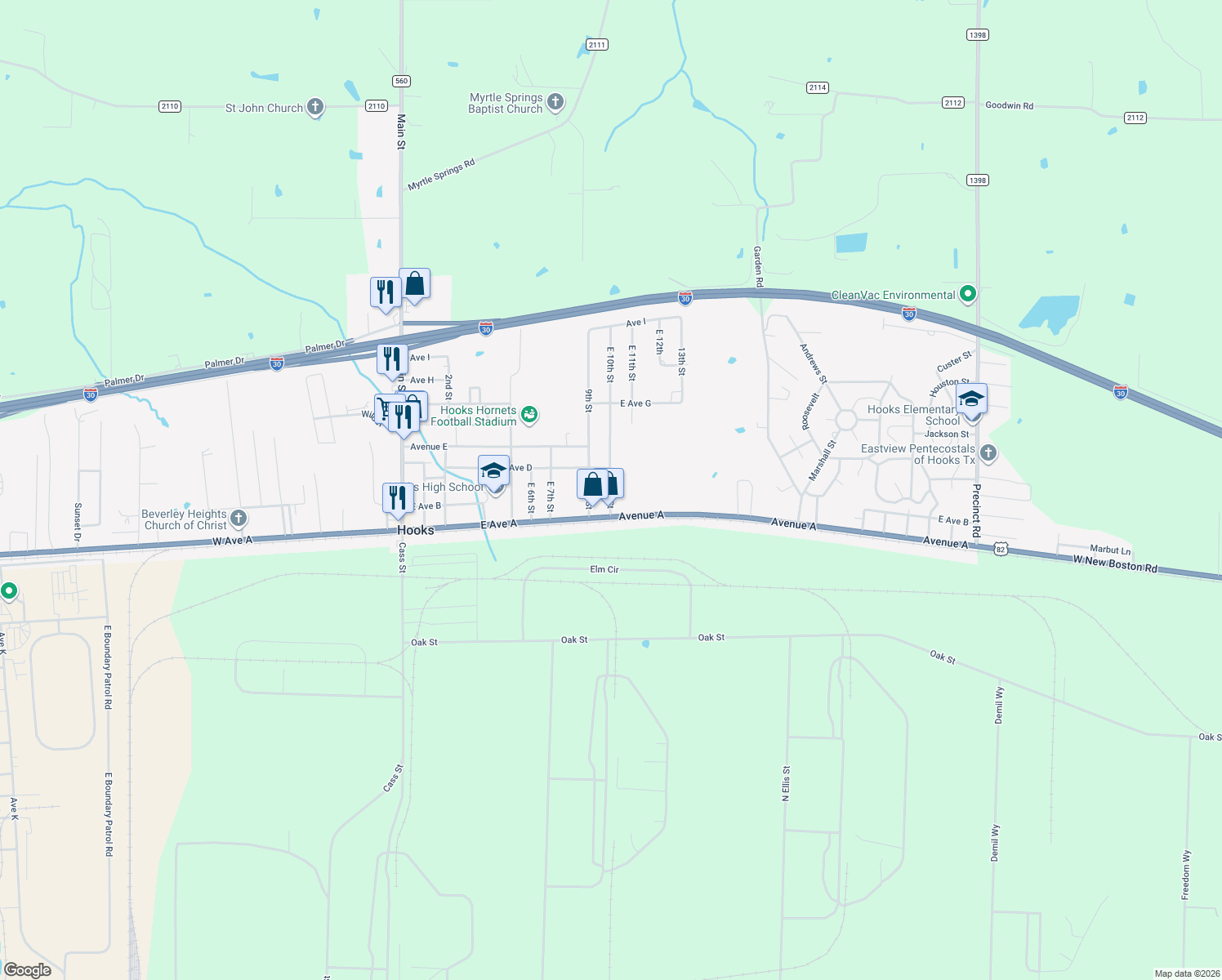 map of restaurants, bars, coffee shops, grocery stores, and more near 204 10th Street in Hooks