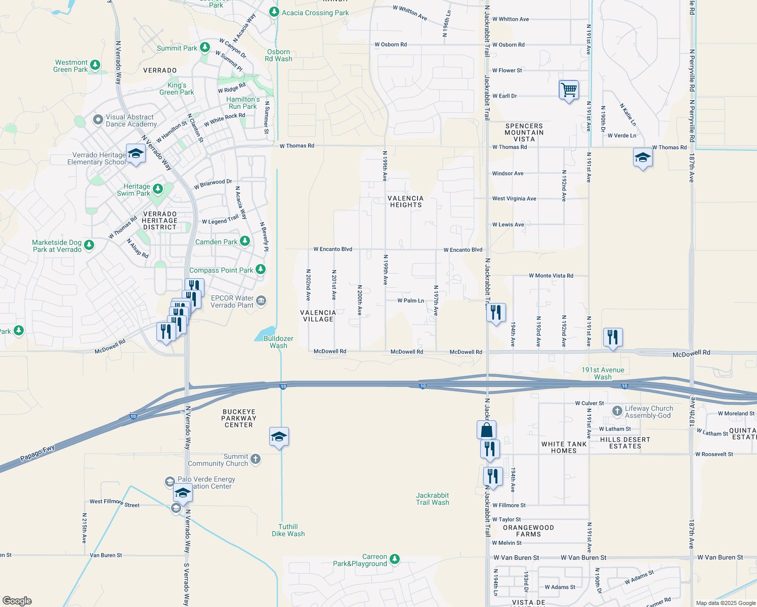 map of restaurants, bars, coffee shops, grocery stores, and more near 1906 North 199th Avenue in Buckeye