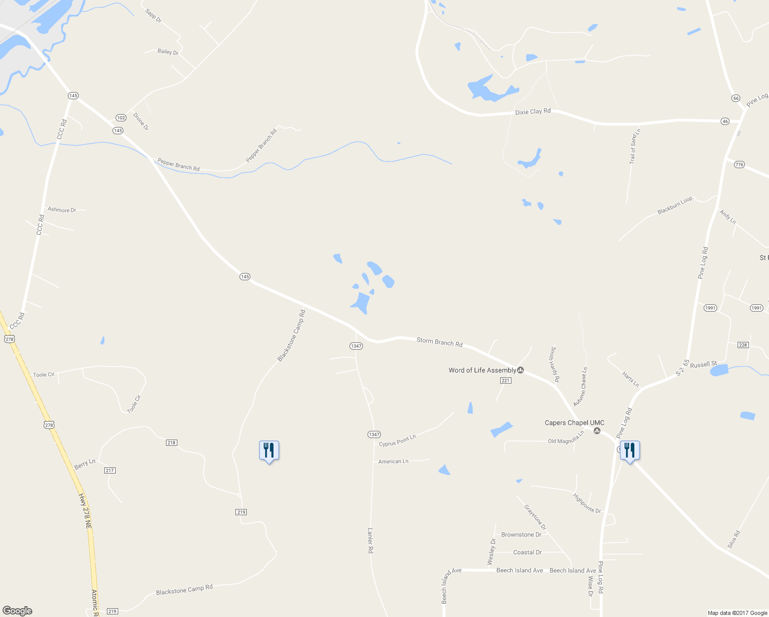 map of restaurants, bars, coffee shops, grocery stores, and more near 1825 Storm Branch Road in Beech Island