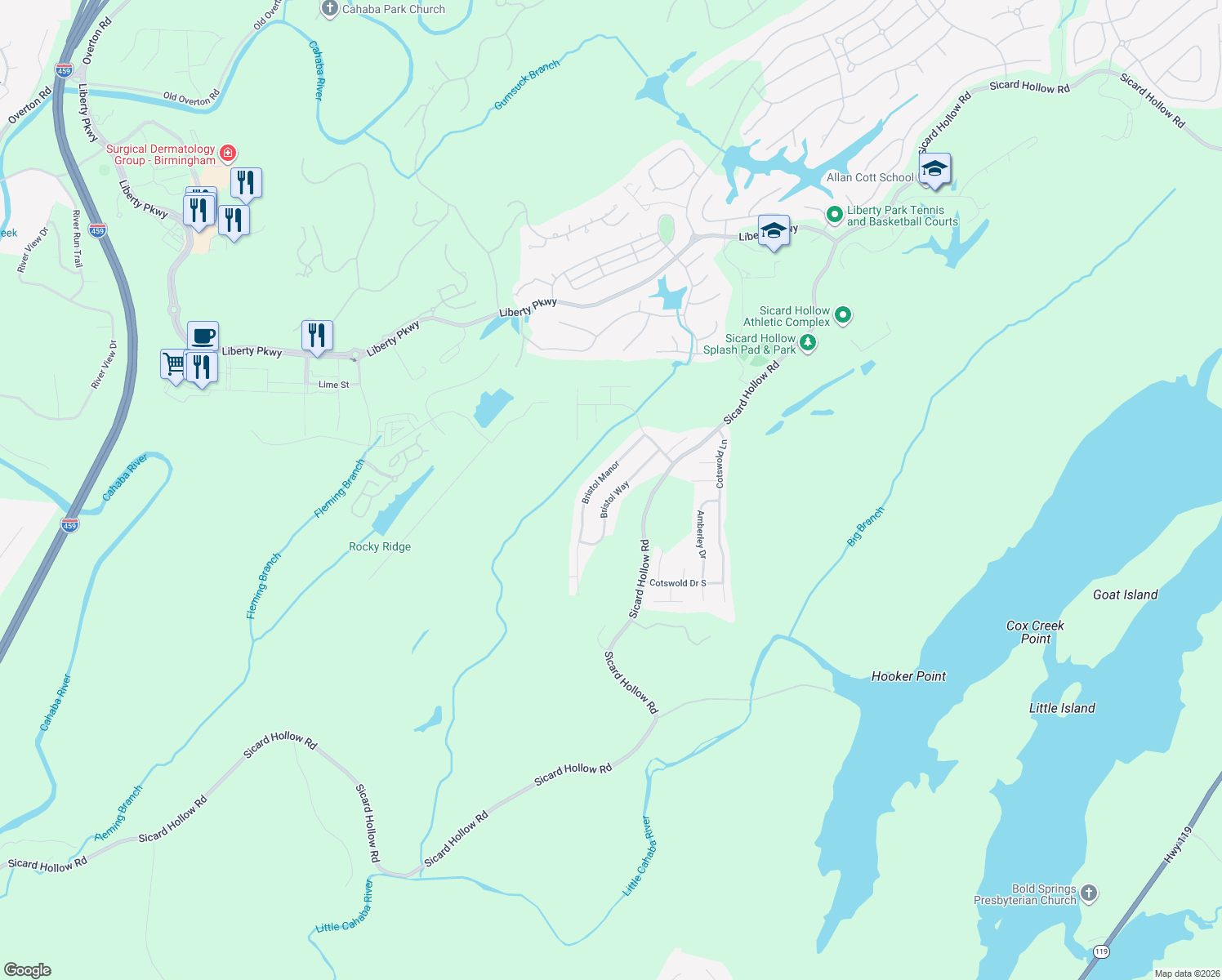 map of restaurants, bars, coffee shops, grocery stores, and more near 1161 Bristol Way in Birmingham