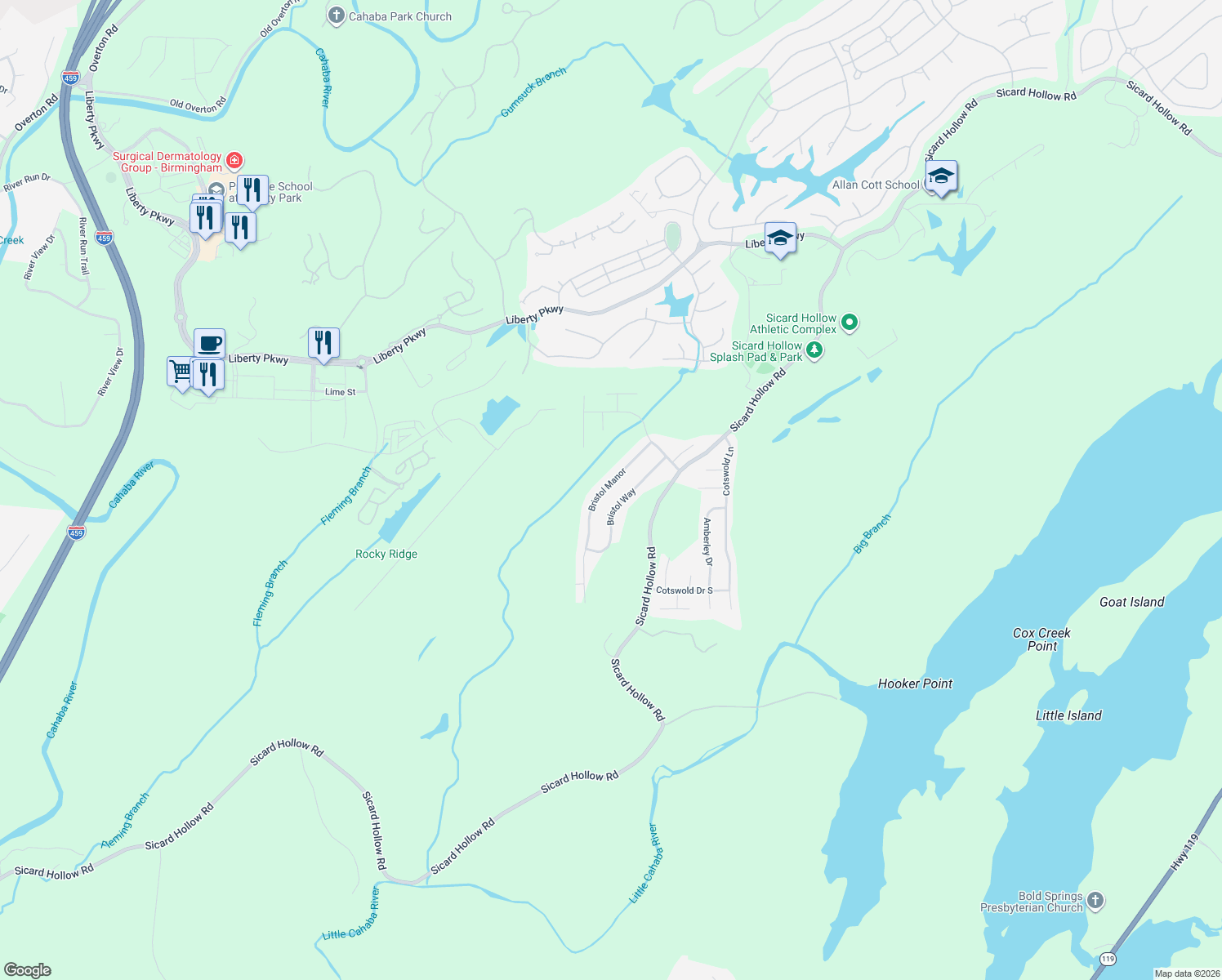 map of restaurants, bars, coffee shops, grocery stores, and more near 1161 Bristol Way in Birmingham