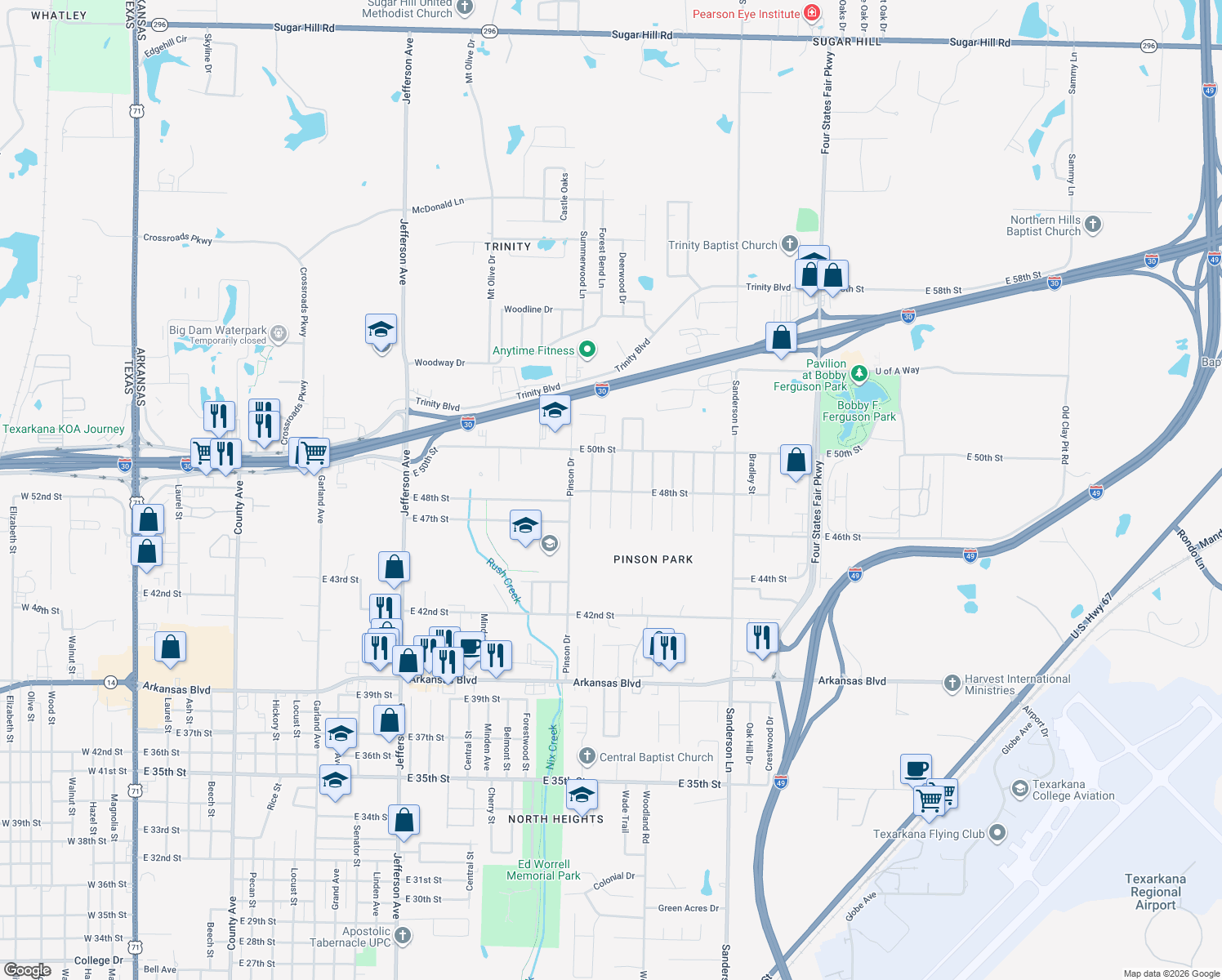 map of restaurants, bars, coffee shops, grocery stores, and more near 4805 Ridgeway Drive in Texarkana