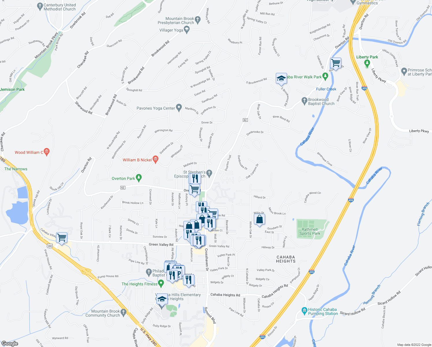 map of restaurants, bars, coffee shops, grocery stores, and more near 3251 Overton Road in Vestavia Hills