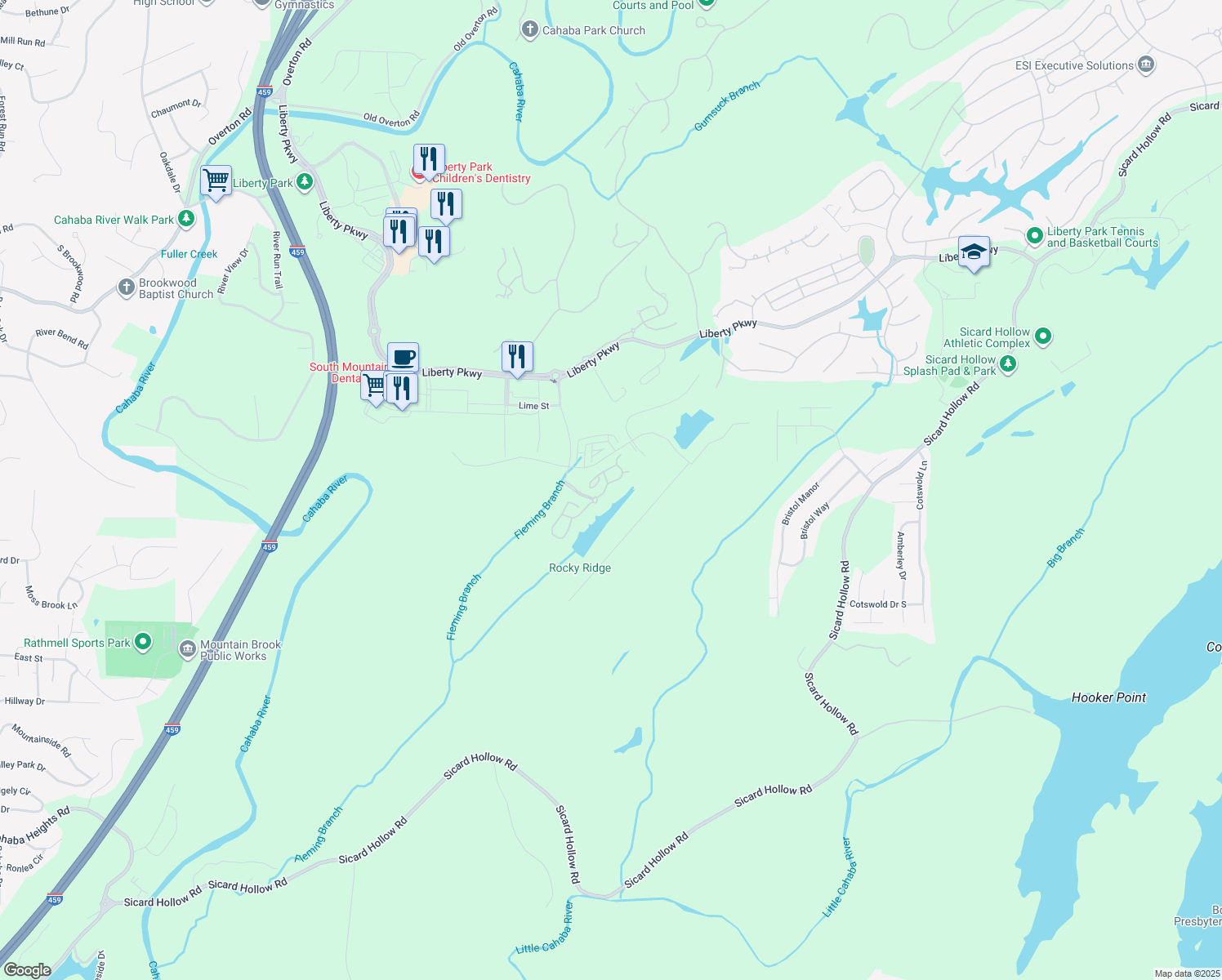 map of restaurants, bars, coffee shops, grocery stores, and more near 1004 Liberty Park Loop in Vestavia Hills