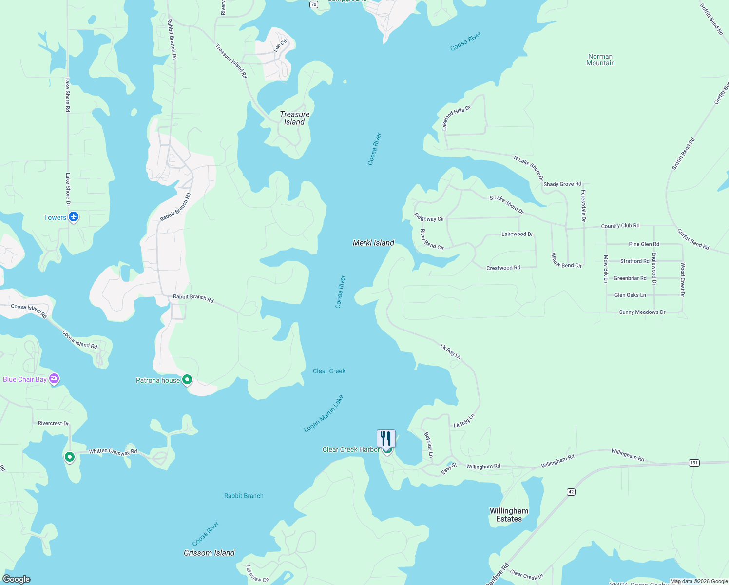 map of restaurants, bars, coffee shops, grocery stores, and more near 1087 Lakeridge Lane in Talladega