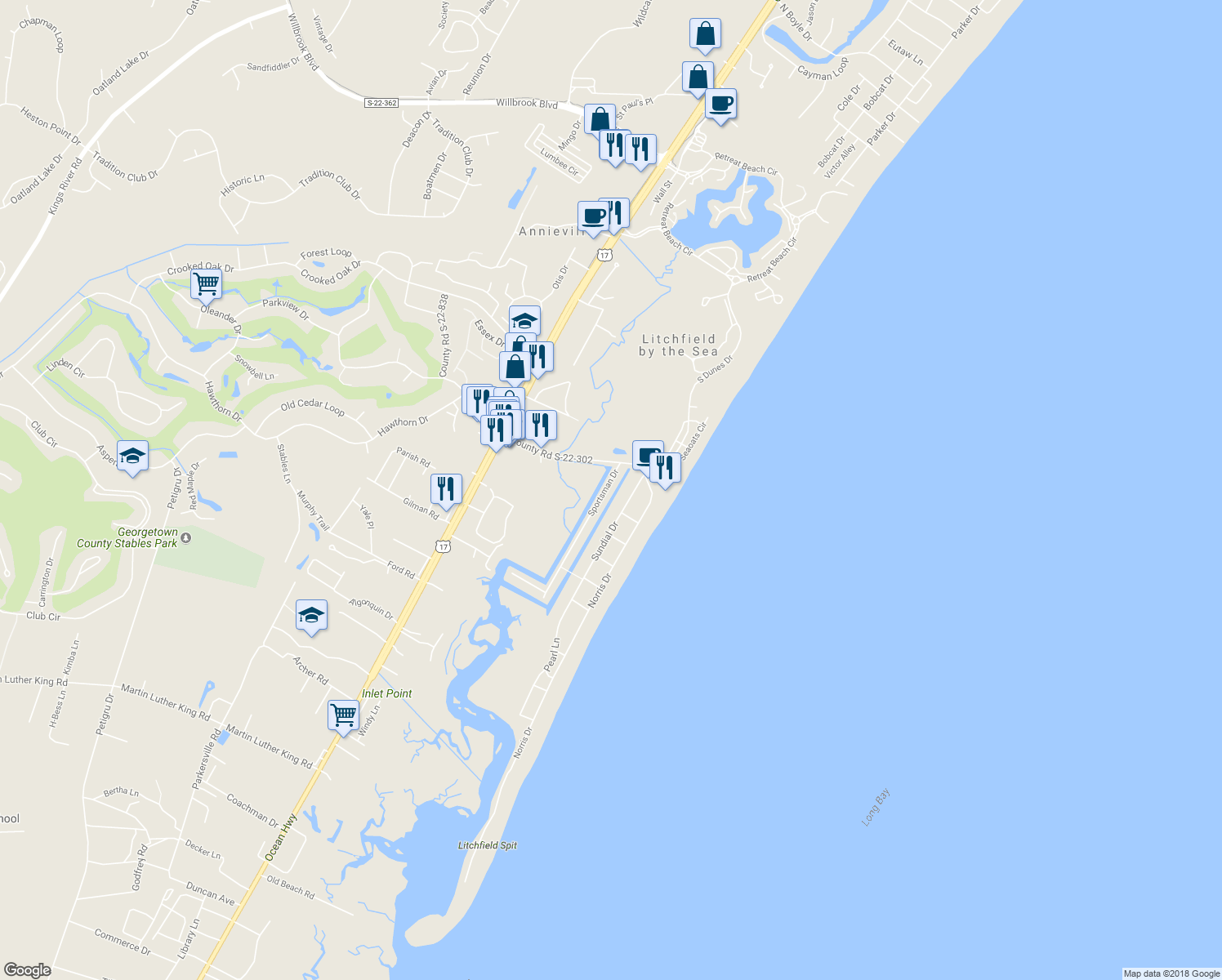map of restaurants, bars, coffee shops, grocery stores, and more near 87 Sportsman Drive in Pawleys Island