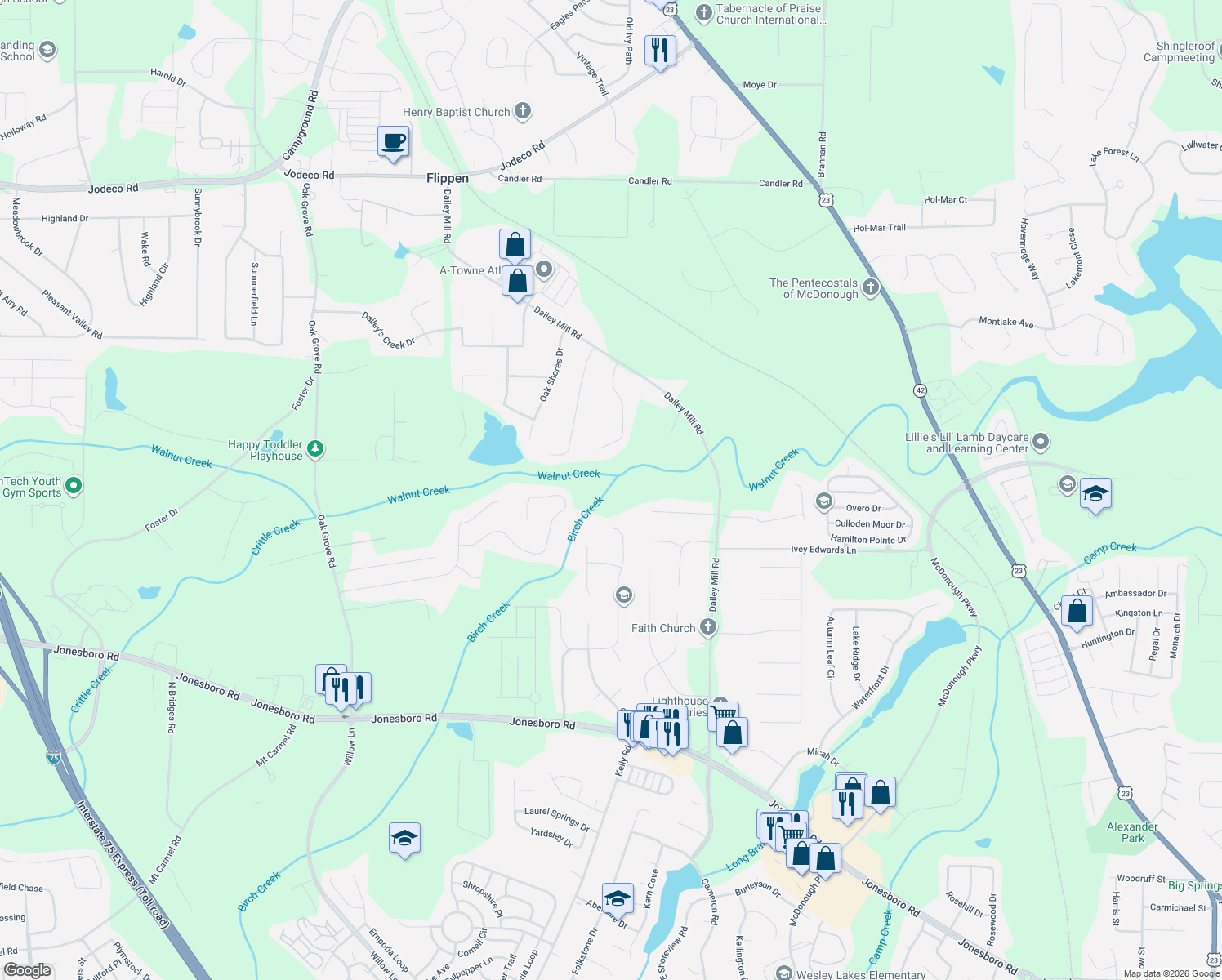map of restaurants, bars, coffee shops, grocery stores, and more near 840 Monticello Lane in McDonough