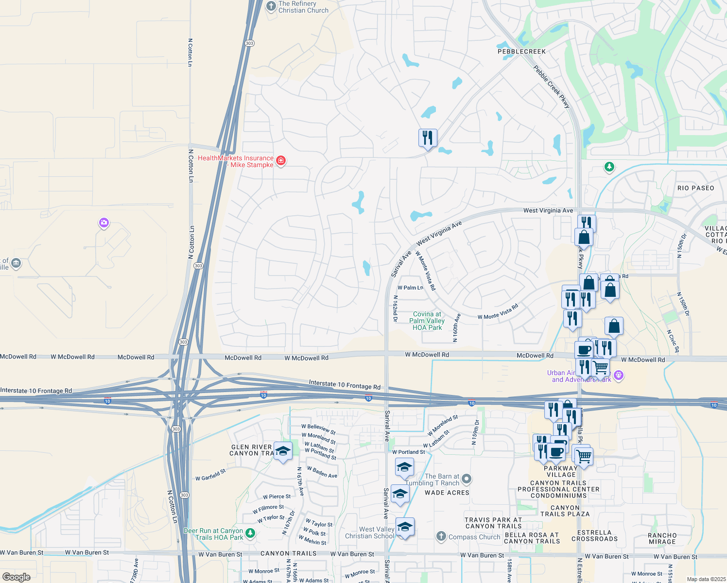 map of restaurants, bars, coffee shops, grocery stores, and more near 16421 West Alvarado Drive in Goodyear