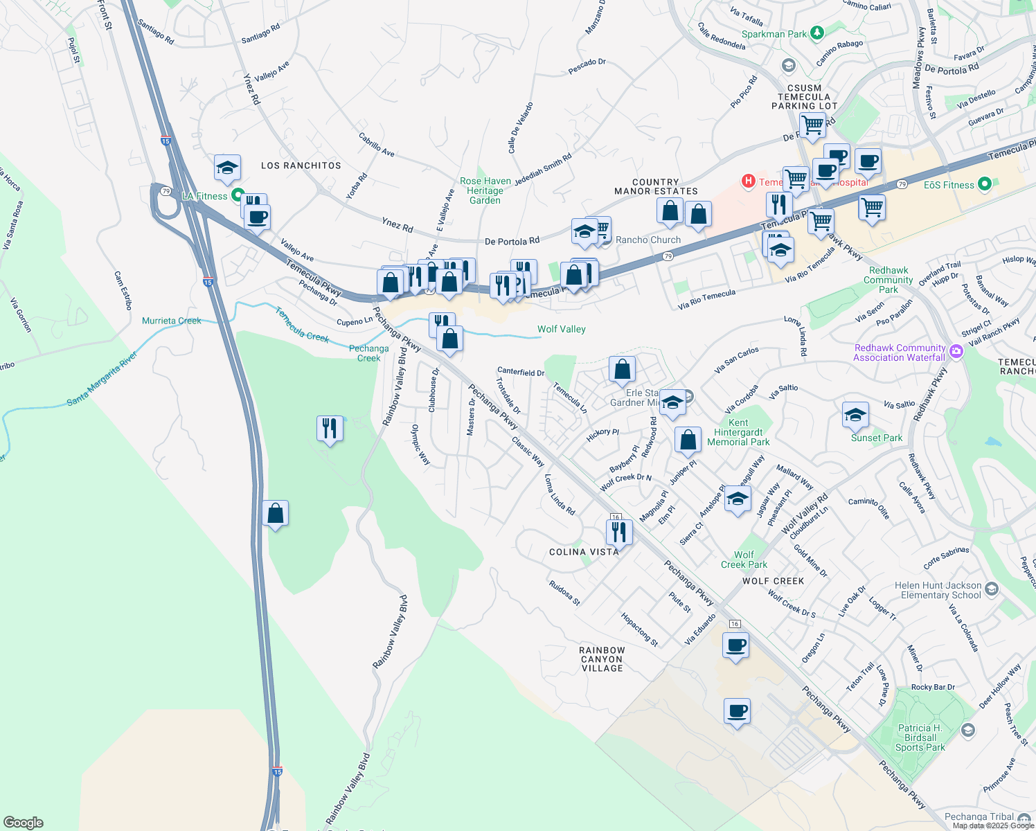 map of restaurants, bars, coffee shops, grocery stores, and more near 44975 Trotsdale Drive in Temecula