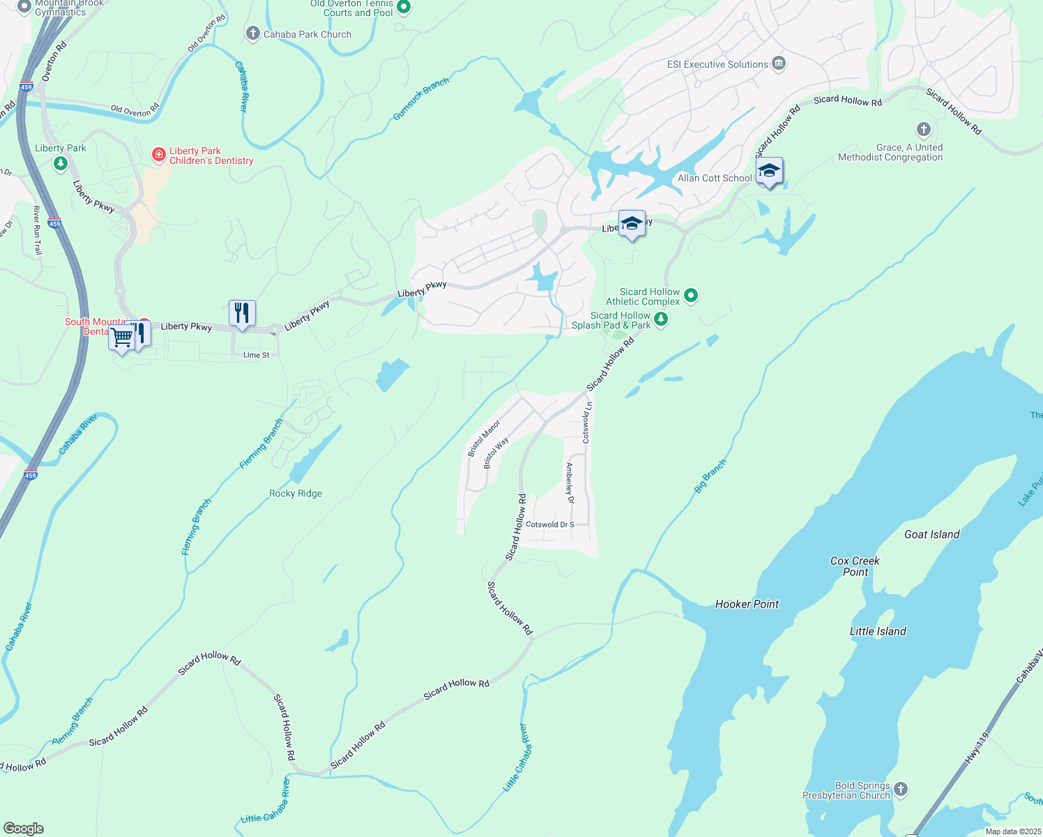map of restaurants, bars, coffee shops, grocery stores, and more near 1113 Bristol Way in Birmingham