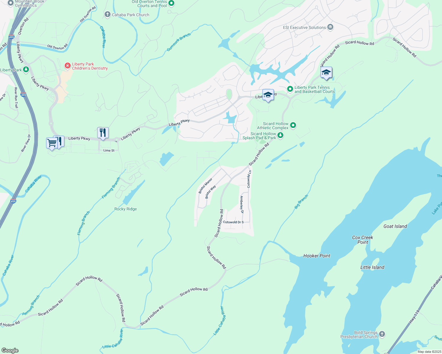 map of restaurants, bars, coffee shops, grocery stores, and more near 1113 Bristol Way in Birmingham