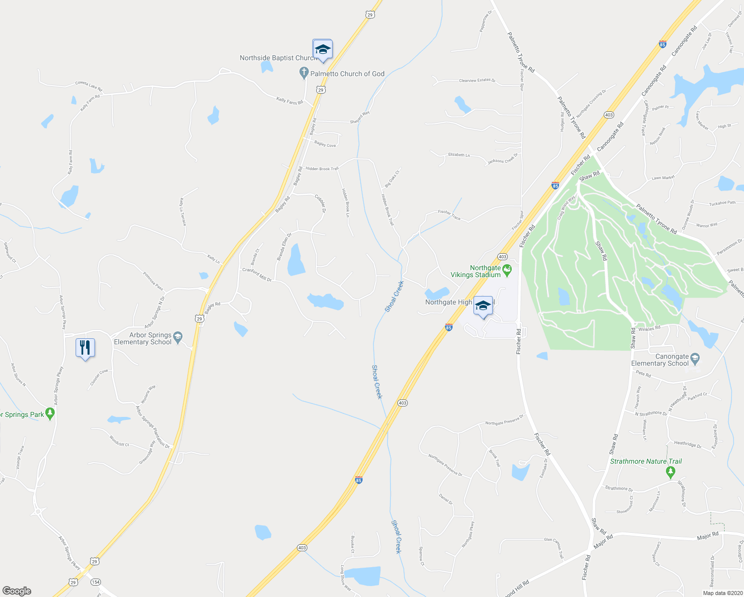 map of restaurants, bars, coffee shops, grocery stores, and more near 405 Cobbler Drive in Newnan