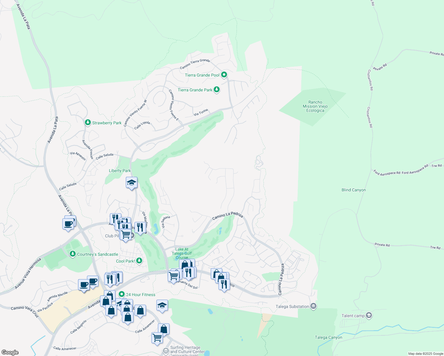 map of restaurants, bars, coffee shops, grocery stores, and more near 18 Calle Celestial in San Clemente