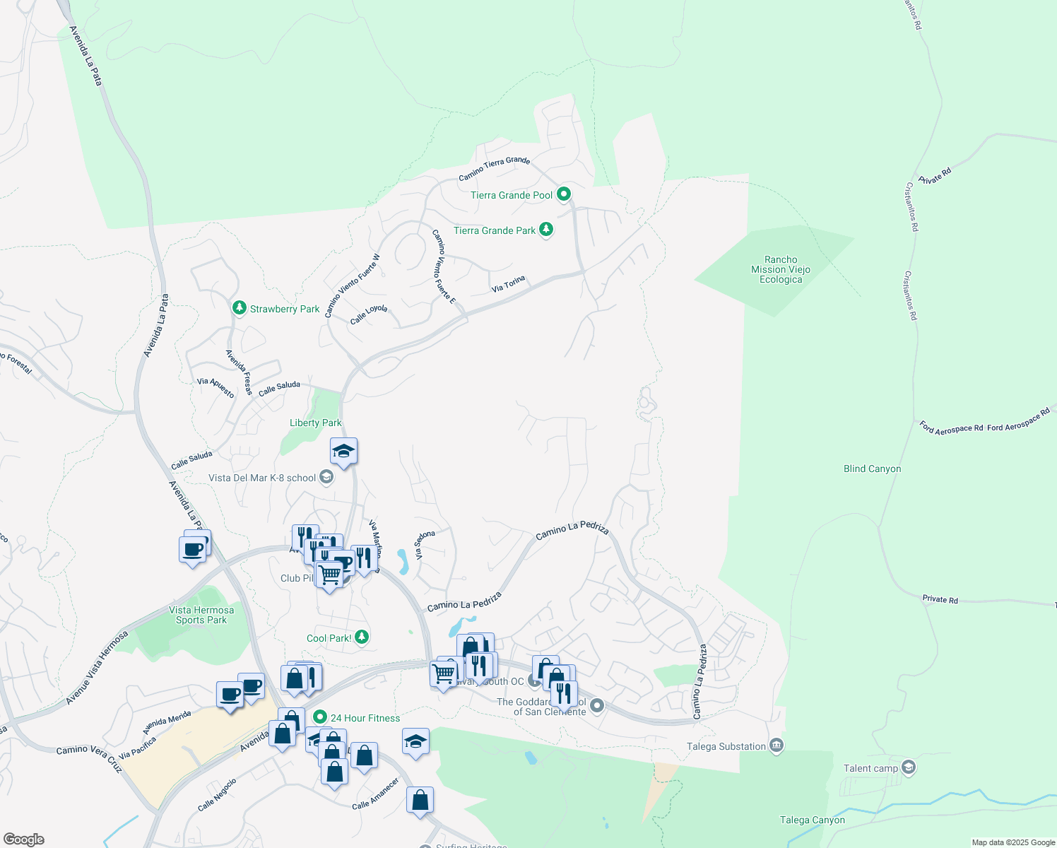 map of restaurants, bars, coffee shops, grocery stores, and more near 66 Calle Vista Del Sol in San Clemente
