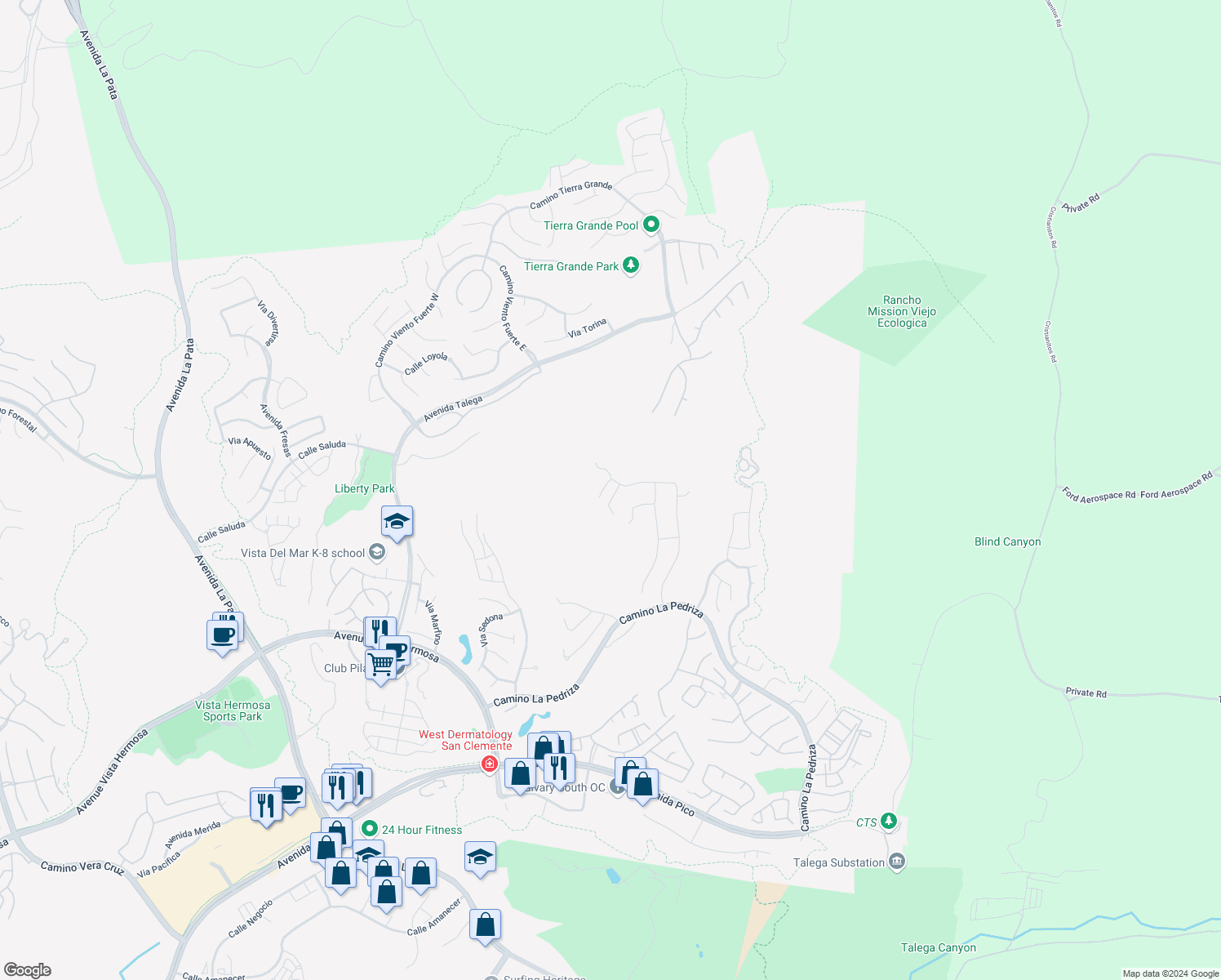 map of restaurants, bars, coffee shops, grocery stores, and more near Calle Angelitos in San Clemente