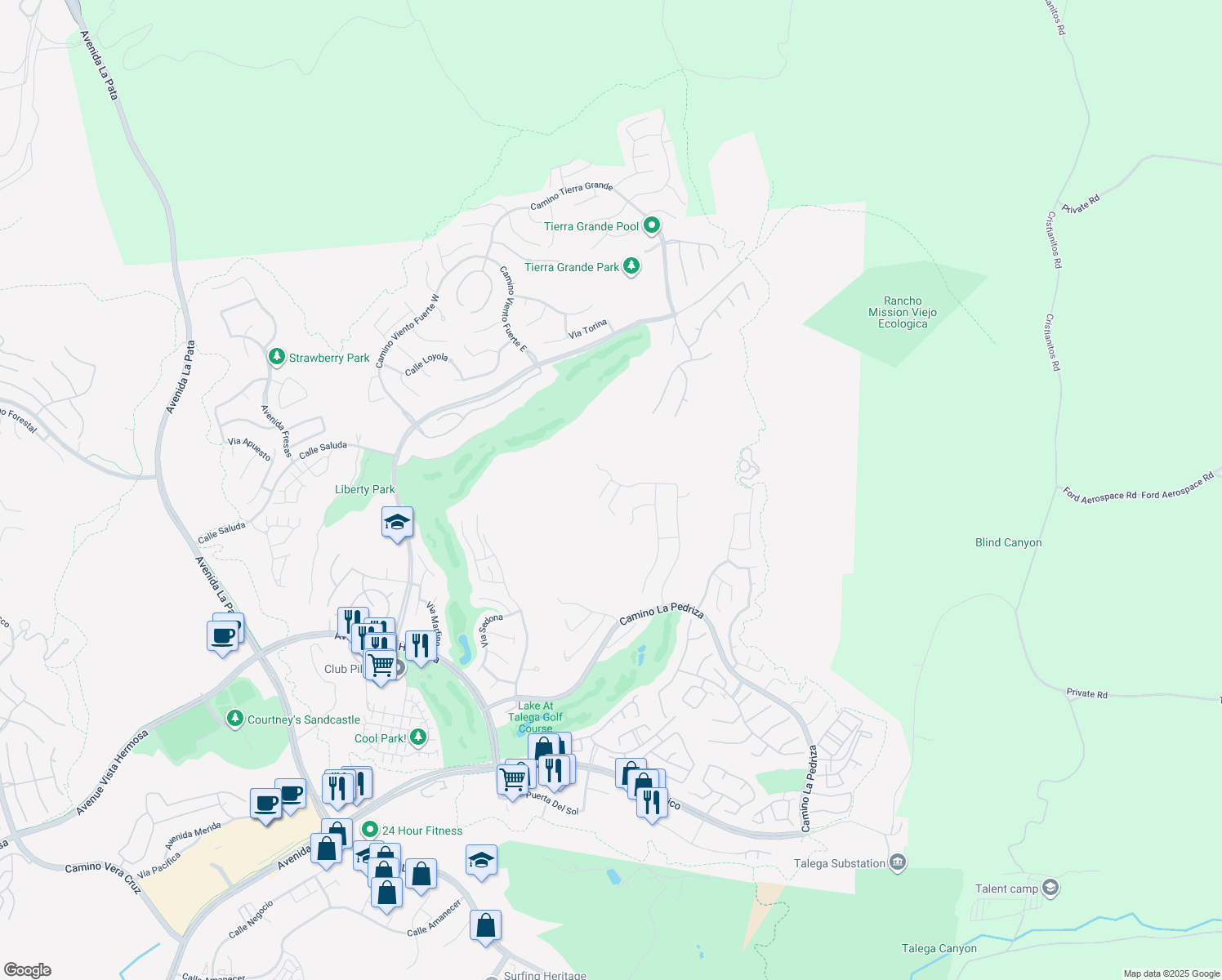 map of restaurants, bars, coffee shops, grocery stores, and more near 66 Calle Vista Del Sol in San Clemente