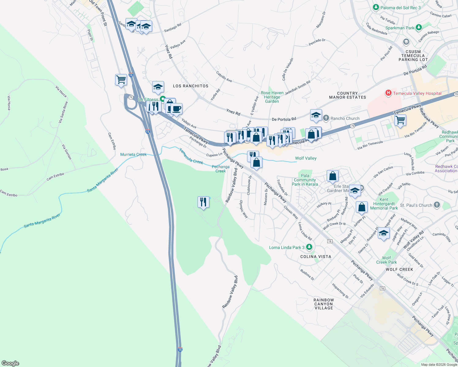 map of restaurants, bars, coffee shops, grocery stores, and more near 45143 Putting Green Court in Temecula