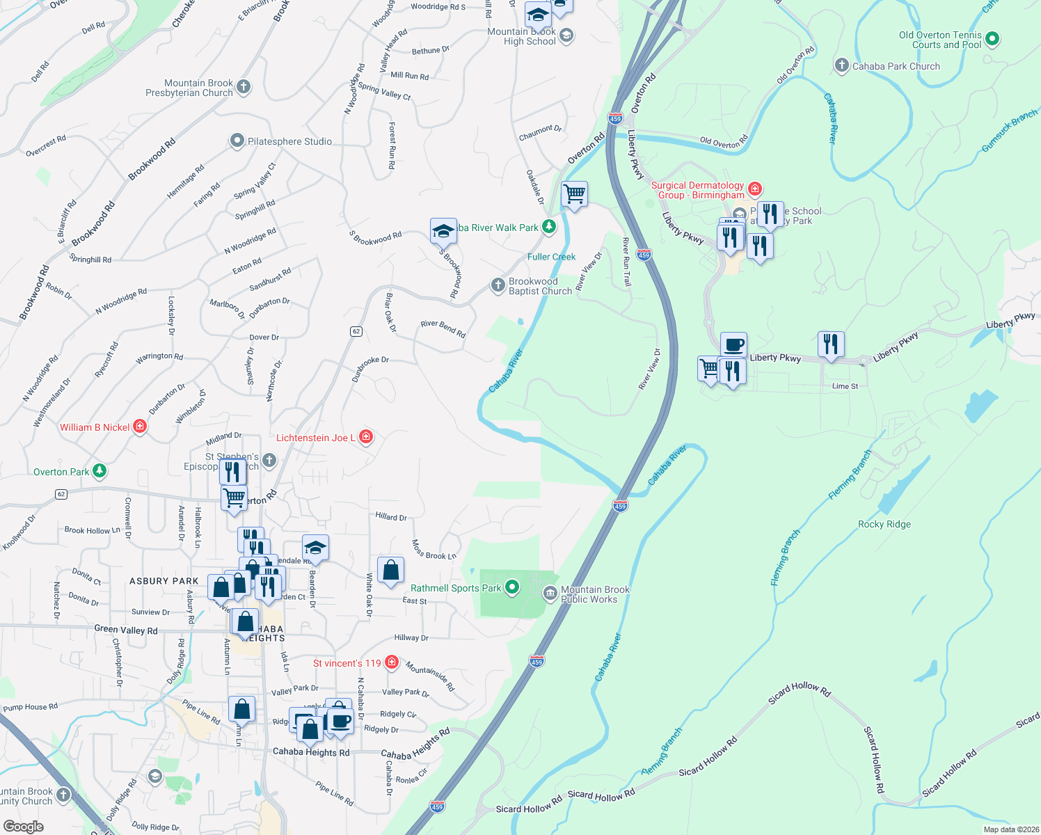map of restaurants, bars, coffee shops, grocery stores, and more near 4116 Riverview Cove in Vestavia Hills
