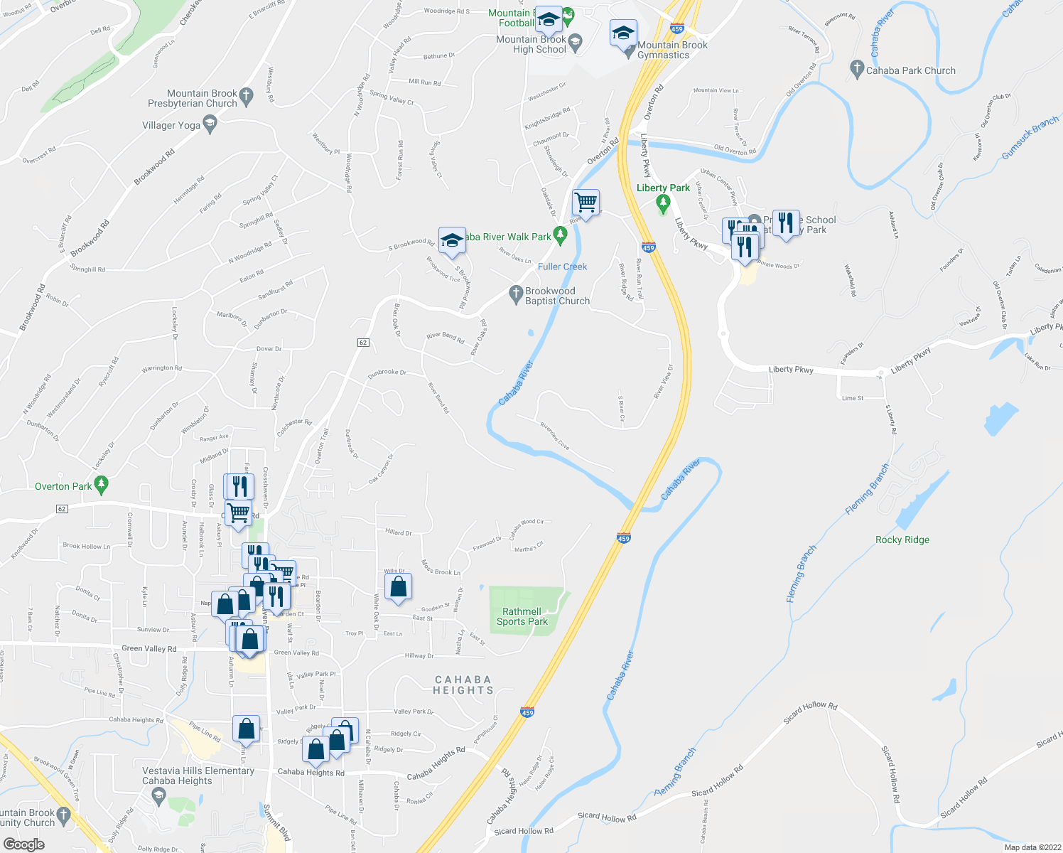 map of restaurants, bars, coffee shops, grocery stores, and more near 4116 Riverview Cove in Vestavia Hills