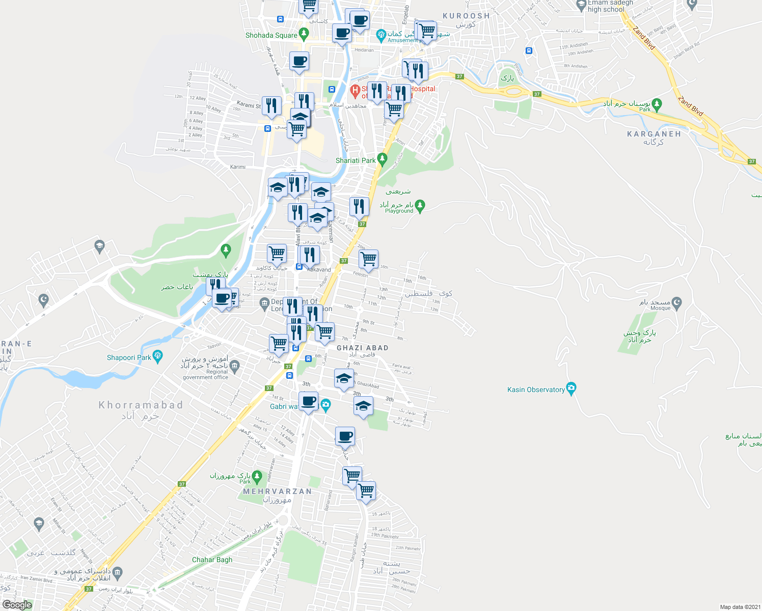 map of restaurants, bars, coffee shops, grocery stores, and more near 11th in Khorramabad