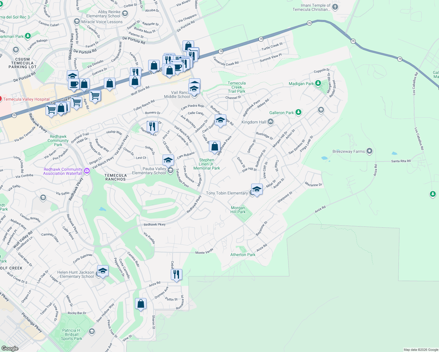 map of restaurants, bars, coffee shops, grocery stores, and more near 33429 Barrington Drive in Temecula