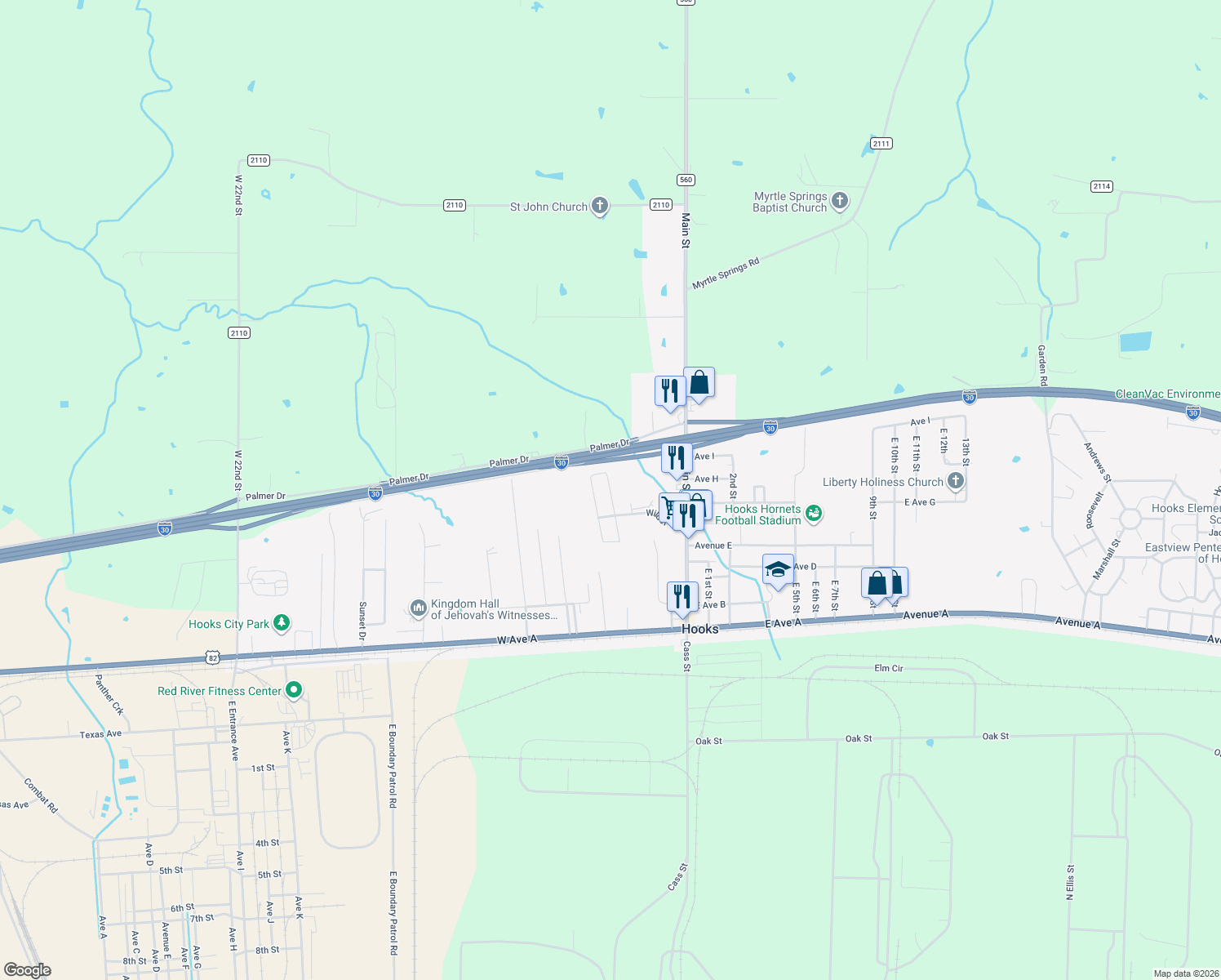 map of restaurants, bars, coffee shops, grocery stores, and more near 13 Lacey Drive in Hooks