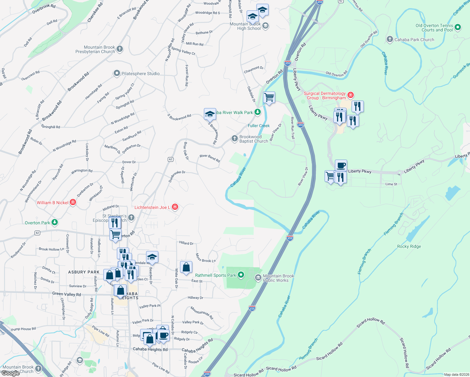 map of restaurants, bars, coffee shops, grocery stores, and more near 4101 Riverview Cove in Vestavia Hills