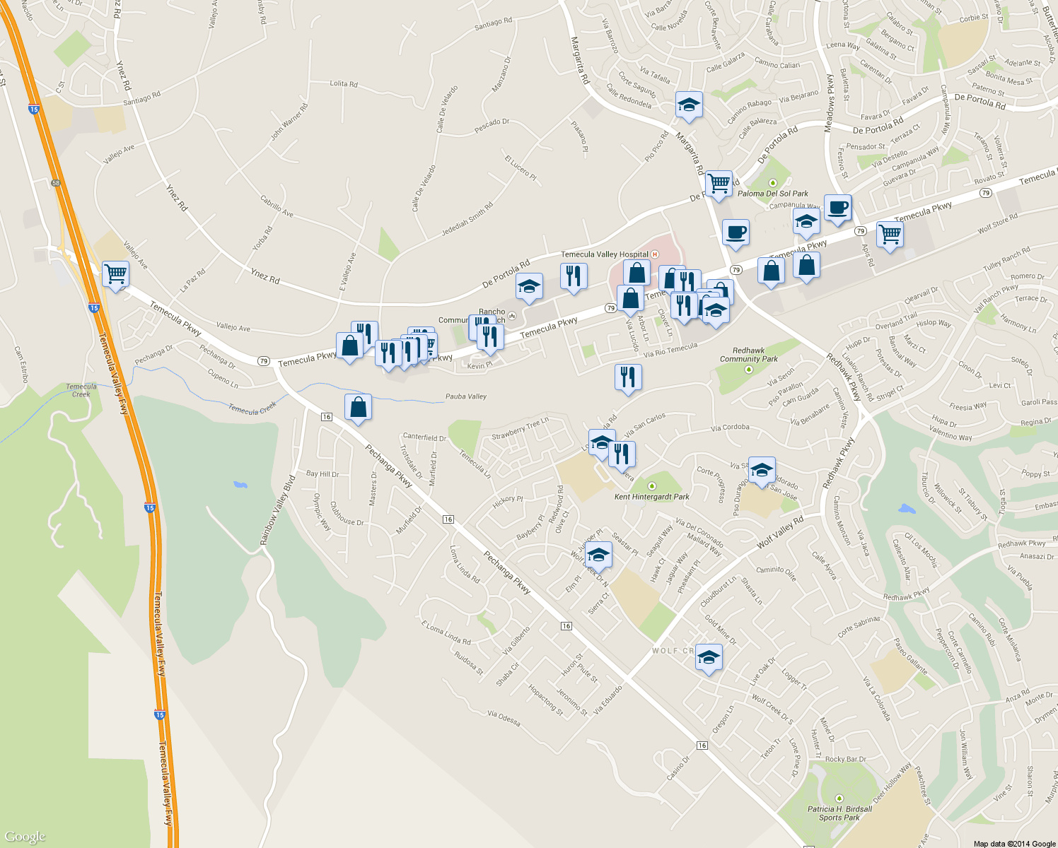 map of restaurants, bars, coffee shops, grocery stores, and more near 31158 Strawberry Tree Lane in Temecula