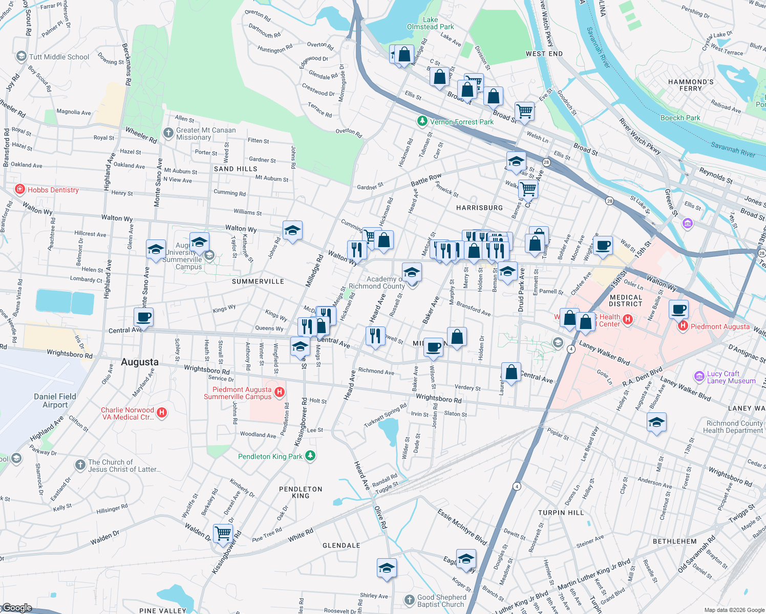 map of restaurants, bars, coffee shops, grocery stores, and more near 956 Heard Avenue in Augusta
