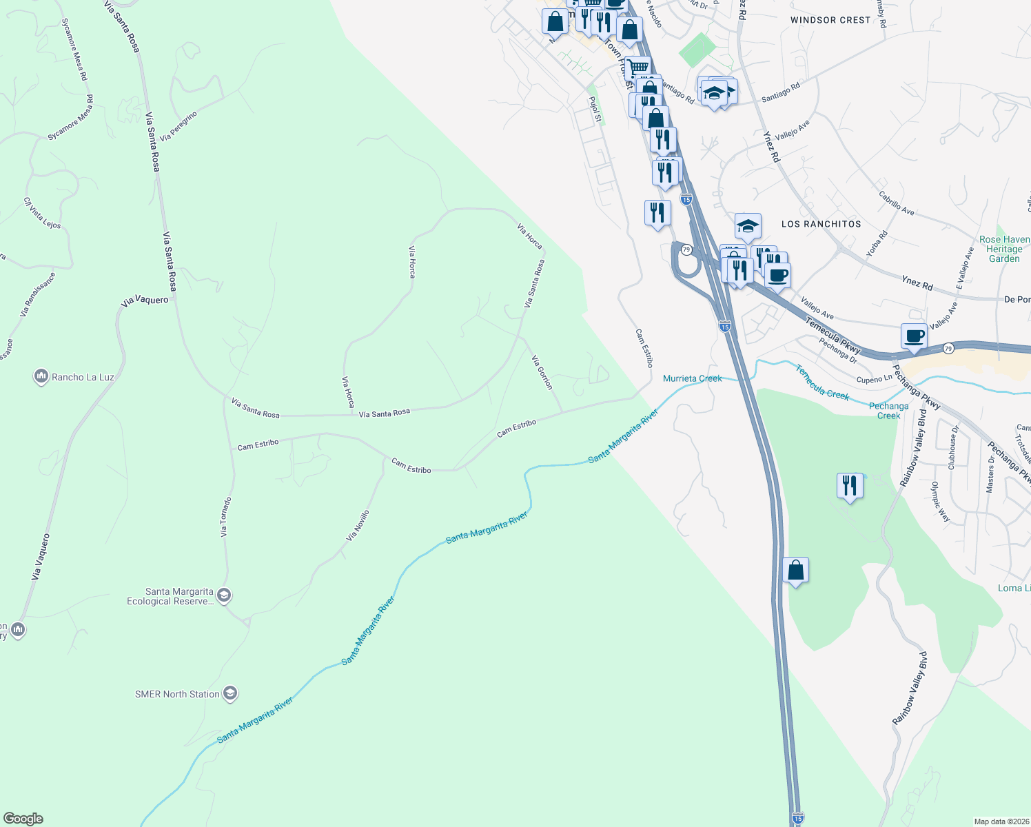 map of restaurants, bars, coffee shops, grocery stores, and more near Camino Estribo in Temecula