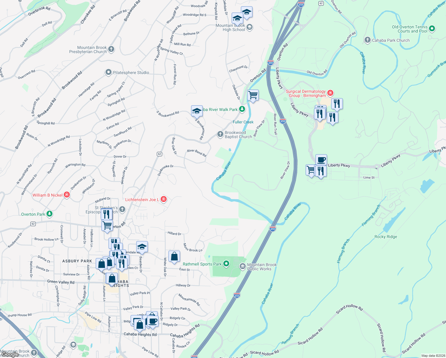 map of restaurants, bars, coffee shops, grocery stores, and more near 4101 Riverview Cove in Vestavia Hills