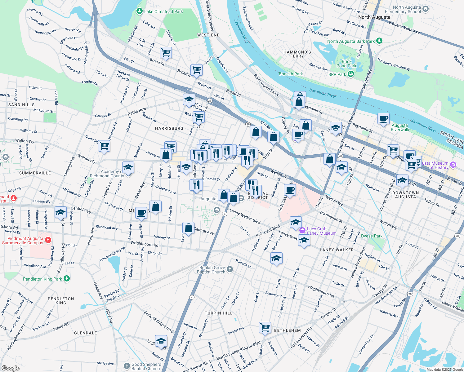 map of restaurants, bars, coffee shops, grocery stores, and more near 1512 Pope Avenue in Augusta
