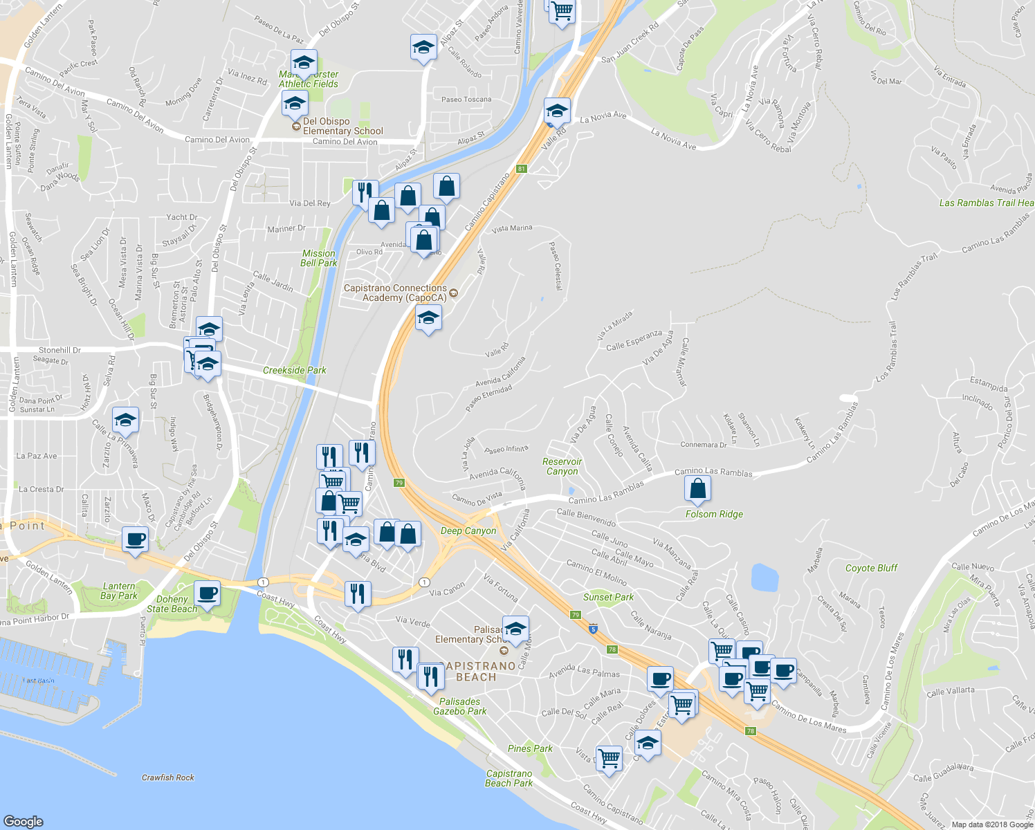 map of restaurants, bars, coffee shops, grocery stores, and more near 26561-26571 Via La Jolla in San Juan Capistrano