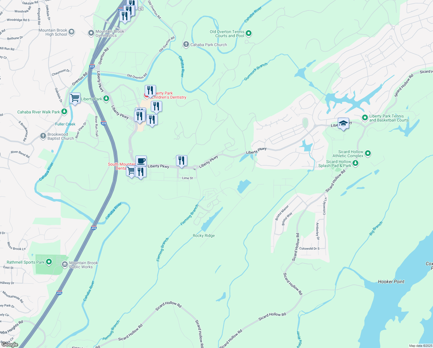 map of restaurants, bars, coffee shops, grocery stores, and more near 13001 Liberty Parkway in Vestavia Hills