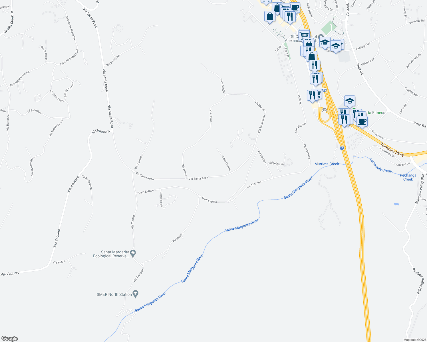 map of restaurants, bars, coffee shops, grocery stores, and more near 28950 Vía Santa Rosa in Temecula