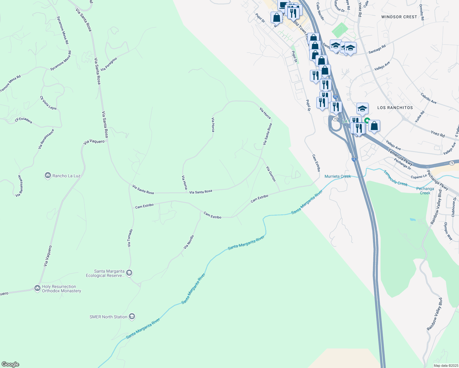 map of restaurants, bars, coffee shops, grocery stores, and more near 45141 Calle Cuesta in Temecula